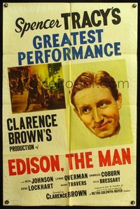 5d160 EDISON THE MAN style D 1sh '40 image of Spencer Tracy as Thomas the inventor!