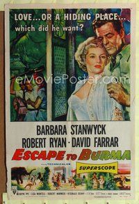 5d174 ESCAPE TO BURMA 1sh '55 romantic art of Robert Ryan & Barbara Stanwyck in India!