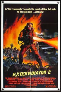 5d182 EXTERMINATOR 2 1sh '84 wild artwork of man w/flamethrower and punks in New York ruins!