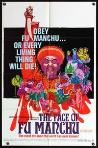 5d186 FACE OF FU MANCHU 1sh '65 art of Asian villain Christopher Lee by Mitchell Hooks, Sax Rohmer!