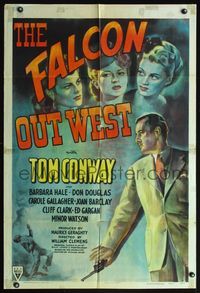 5d189 FALCON OUT WEST style A 1sh '44 great art of Tom Conway as The Falcon w/pretty women!