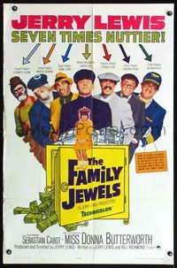 5d195 FAMILY JEWELS 1sh '65 Jerry Lewis is seven times nuttier in seven roles, wacky image!