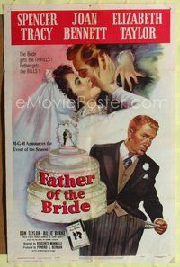 5d199 FATHER OF THE BRIDE 1sh '50 art of Liz Taylor in wedding gown & broke Spencer Tracy!