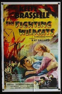 5d202 FIGHTING WILDCATS 1sh '57 art of Keefe Brasselle romancing Kay Callard + oil field on fire!