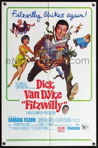 5d213 FITZWILLY 1sh '68 great comic art of Dick Van Dyke & sexy Barbara Feldon!