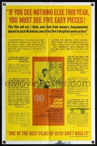 5d214 FIVE EASY PIECES reviews 1sh '70 Jack Nicholson, directed by Bob Rafelson!