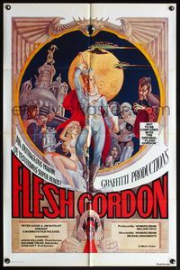 5d222 FLESH GORDON 1sh '74 sexy sci-fi spoof, wacky erotic super hero art by George Barr!