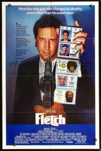 5d223 FLETCH 1sh '85 Michael Ritchie, wacky detective Chevy Chase has gun pulled on him!