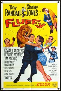 5d226 FLUFFY 1sh '65 great image of huge lion jumping up on Tony Randall, sexy Shirley Jones!