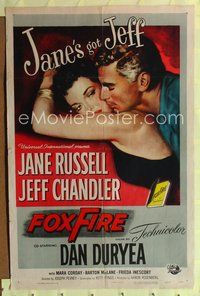 5d234 FOXFIRE 1sh '55 close up artwork of sexy Jane Russell, Jeff Chandler!