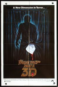 5d237 FRIDAY THE 13th 3 - 3D 1sh '82 slasher sequel, art of Jason stabbing through shower!