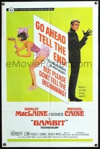 5d242 GAMBIT 1sh '67 McGinnis art of sexy Shirley MacLaine & Michael Caine preparing for crime!