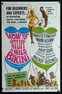 5d325 HOW TO STUFF A WILD BIKINI 1sh '65 Annette Funicello, Buster Keaton, motorcycle & bikini art!