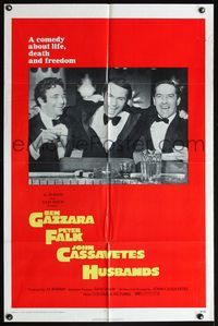 5d330 HUSBANDS 1sh '70 close up of Ben Gazzara, Peter Falk & John Cassavetes in tuxes at bar!