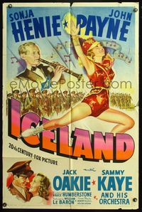 5d340 ICELAND 1sh '42 stone litho of ice skating Sonja Henie, John Payne & Sammy Kaye w/clarinet!