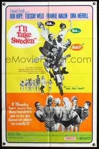 5d355 I'LL TAKE SWEDEN yellow style 1sh '65 Bob Hope,Tuesday Weld in Scandinavia, sexy bikini babes!