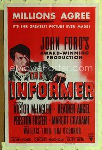 5d364 INFORMER 1sh R55 John Ford, close-up of Victor McLaglen pointing finger!