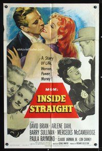 5d365 INSIDE STRAIGHT 1sh '51 art of David Brian kissing super sexy redhead Arlene Dahl!