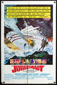 5d379 JUGGERNAUT 1sh '74 Richard Harris, cool art of ocean liner under attack by Bob McCall!