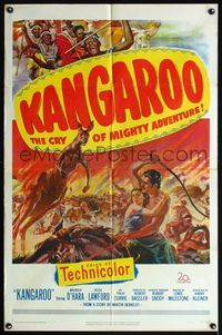 5d381 KANGAROO 1sh '51 Maureen O'Hara, Peter Lawford, dramatic Australian outback art!