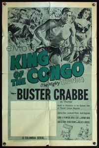 5d387 KING OF THE CONGO 1sh R60 Buster Crabbe serial, art of Crabbe as Thunda, Gloria Dea!