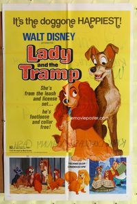 5d392 LADY & THE TRAMP 1sh R72 Walt Disney romantic canine classic cartoon!