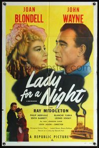 5d394 LADY FOR A NIGHT 1sh R50 romantic close up of John Wayne & sexy Joan Blondell!