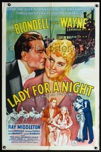 5d393 LADY FOR A NIGHT 1sh '41 romantic close up of John Wayne kissing sexy Joan Blondell!