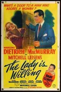 5d395 LADY IS WILLING style A 1sh '42 art of pretty Marlene Dietrich, Fred MacMurray & Baby Corey!