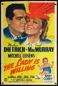 5d396 LADY IS WILLING style B 1sh '42 art of pretty Marlene Dietrich, Fred MacMurray & Baby Corey!