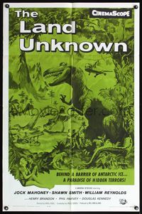 5d401 LAND UNKNOWN 1sh R64 a paradise of hidden terrors, great art of dinosaurs by Ken Sawyer!