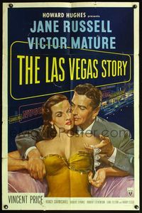 5d405 LAS VEGAS STORY 1sh '52 Victor Mature romances sexy Jane Russell & gives her jewelry!