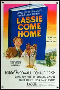 5d406 LASSIE COME HOME style C 1sh '43 great art of young sad Roddy McDowall & his beloved Collie!