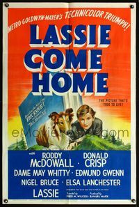 5d407 LASSIE COME HOME style D 1sh '43 different art of young Roddy McDowall & his beloved Collie!