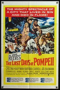 5d412 LAST DAYS OF POMPEII 1sh '60 art of mighty Steve Reeves in the fiery summit of spectacle!