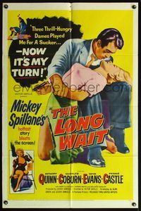 5d426 LONG WAIT 1sh '54 Mickey Spillane, art of Anthony Quinn & sexy girl with gun!