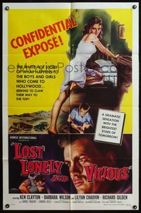 5d432 LOST, LONELY & VICIOUS 1sh '58 art of sexy barely-dressed bad girl leaning on bed!