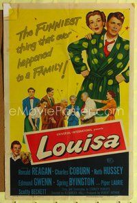 5d433 LOUISA 1sh '50 wacky image of Ronald Reagan in polka-dot robe, Charles Coburn!