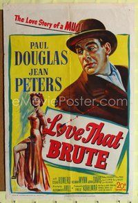 5d437 LOVE THAT BRUTE 1sh '50 artwork of mug Paul Douglas, sexy Jean Peters in skin-tight dress!