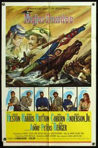 5d455 MAJOR DUNDEE 1sh '65 Sam Peckinpah, Charlton Heston, dramatic Civil War battle art!