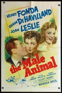 5d459 MALE ANIMAL 1sh '42 art of Henry Fonda with pretty Olivia de Havilland & Joan Leslie!