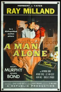 5d463 MAN ALONE 1sh '55 art of star & director Ray Milland carrying Mary Murphy!