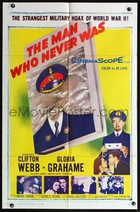 5d471 MAN WHO NEVER WAS 1sh '56 Clifton Webb, Gloria Grahame, strangest military hoax of WWII!