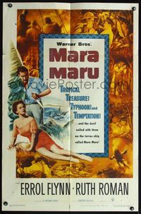 5d473 MARA MARU 1sh '52 montage of Errol Flynn & sexy Ruth Roman in the tropical Philippines!