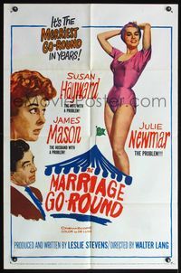 5d482 MARRIAGE-GO-ROUND 1sh '60 Julie Newmar wants to borrow Susan Hayward's husband James Mason!