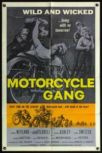 5d498 MOTORCYCLE GANG 1sh '57 pretty Anne Neyland is wild & wicked and living with no tomorrow!