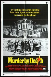 5d501 MURDER BY DEATH int'l 1sh '76 great Charles Addams art of cast by dead body & spooky house!