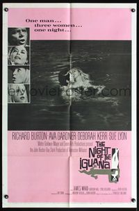 5d528 NIGHT OF THE IGUANA 1sh '64 Richard Burton, Ava Gardner, Sue Lyon, Deborah Kerr, John Huston