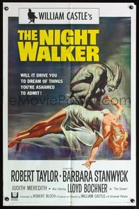 5d531 NIGHT WALKER 1sh '65 William Castle, Robert Taylor, Barbara Stanwyck, Reynold Brown art!