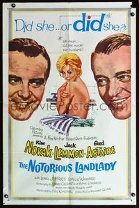 5d542 NOTORIOUS LANDLADY 1sh '62 art of sexy naked Kim Novak between Jack Lemmon & Fred Astaire!